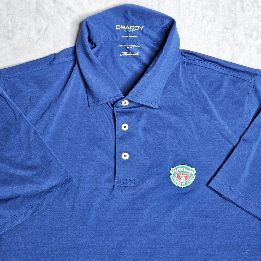 B. Draddy Sport Polo Shirt Mens Large Blue Medinah CC Logo Golf Stretch